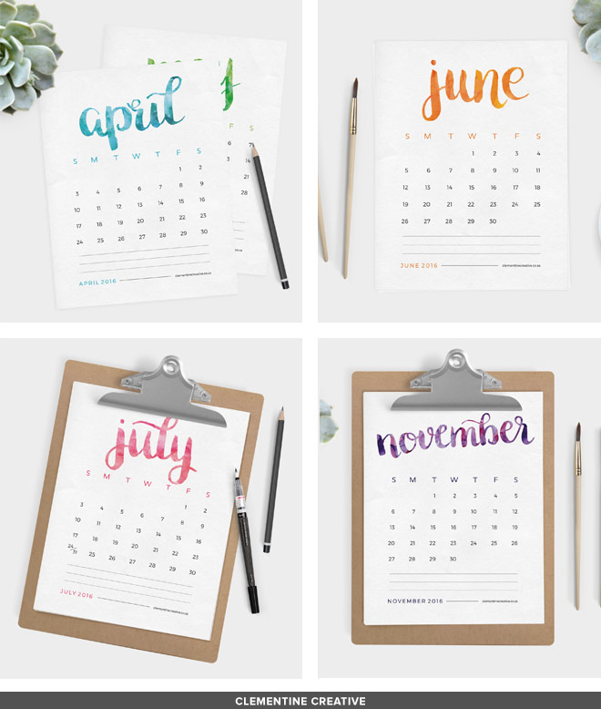 This free printable 2016 calendar will brighten up your desk area. Each month name is painted by hand with watercolour paint. Click here to download this calendar.