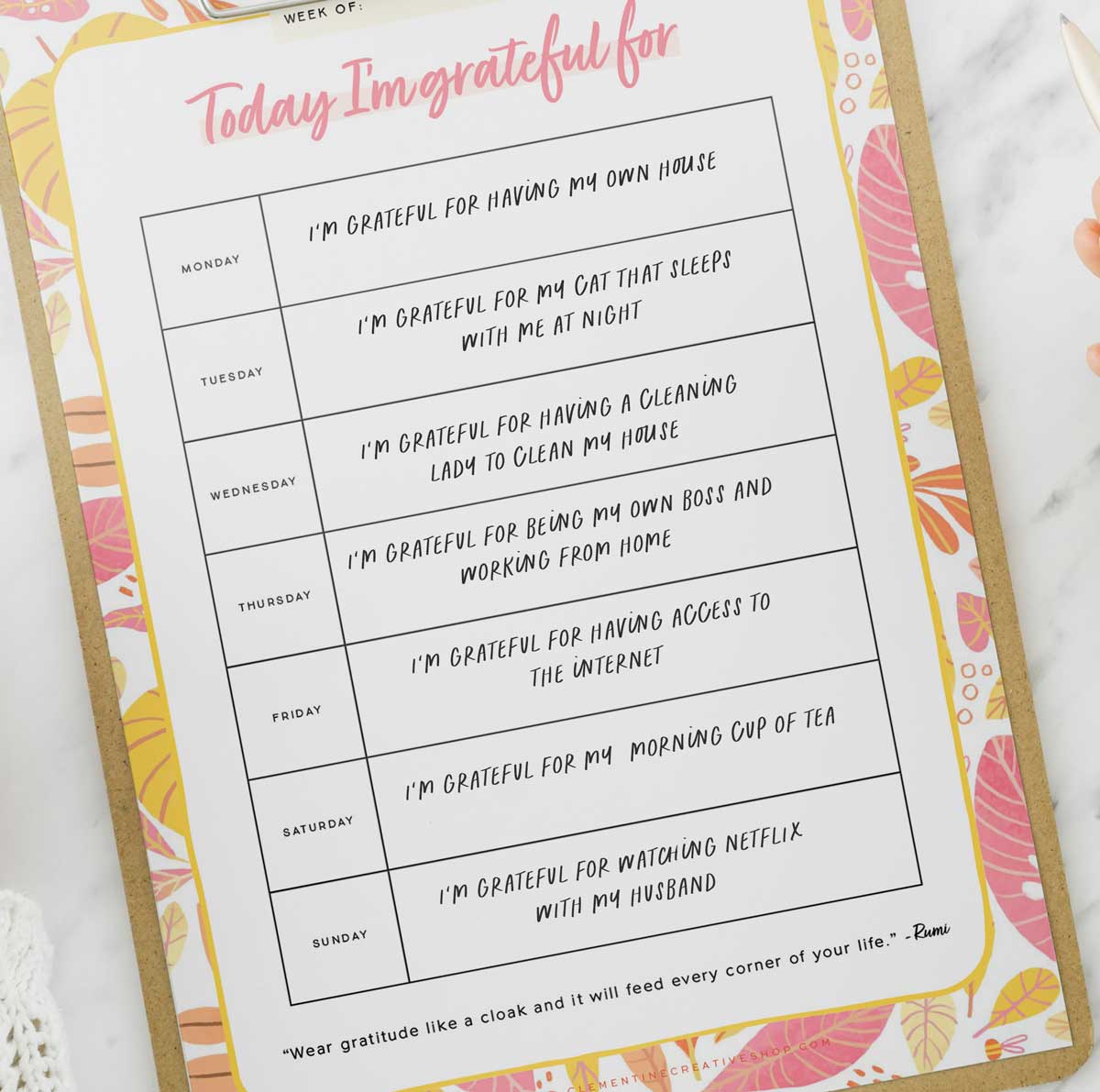 free printable daily gratitude log